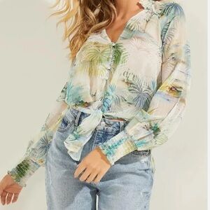 Guess Tropical Toile Print Green Blue Easy Breezy Sheer Tie Up Blouse